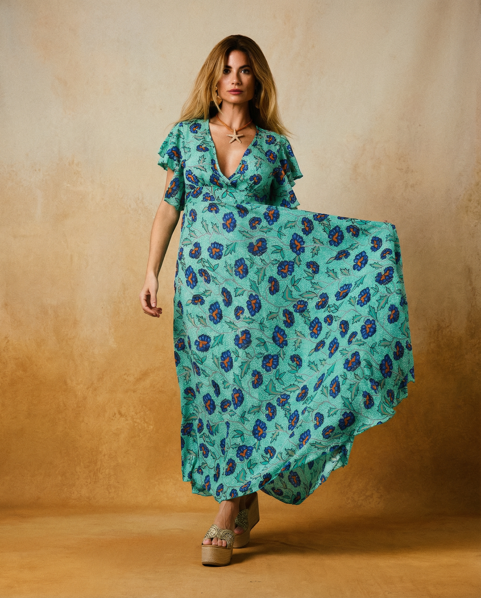 2116,vestido boho seda estampado verde con dorado